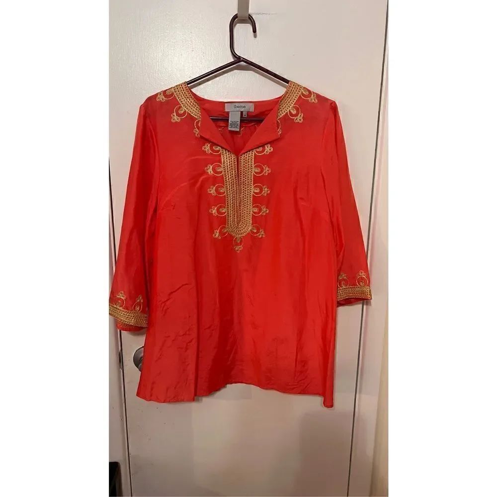 Theme Women's Silk Blend Embroidered 3/4 Sleeve Tunic Blouse Orange Size Medium